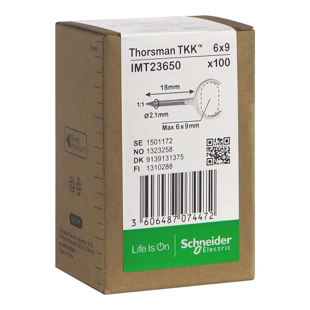 Schneider Electric IMT23650 Klammer spik, 100-pack, platt kabel 6x9, 2,1x18 mm